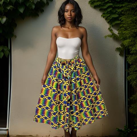 Women Bold Colorful Ankara African Print Maxi Skirt