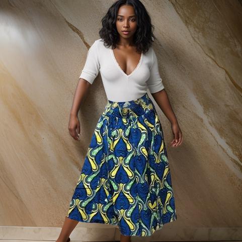 African Print Blue/Yellow Maxi Skirt