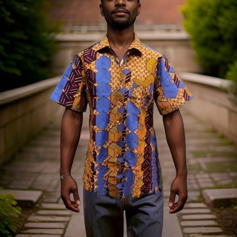 Men's Blue/Maroon Print Short Sleeve Button Down Shirt (M)