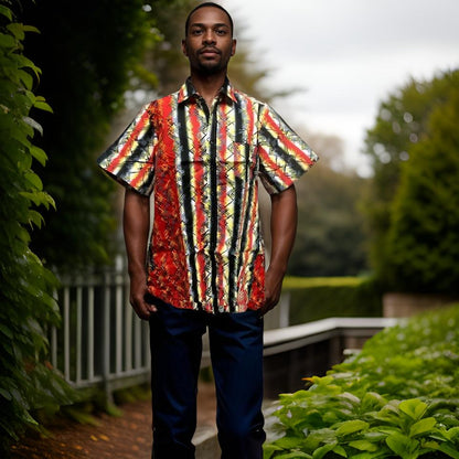 Men's Black/Red Print Short Sleeve Button Down Shirt (XXL)