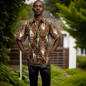 Men's Brown/Orange/White Print Short Sleeve Button Down Shirt (M)