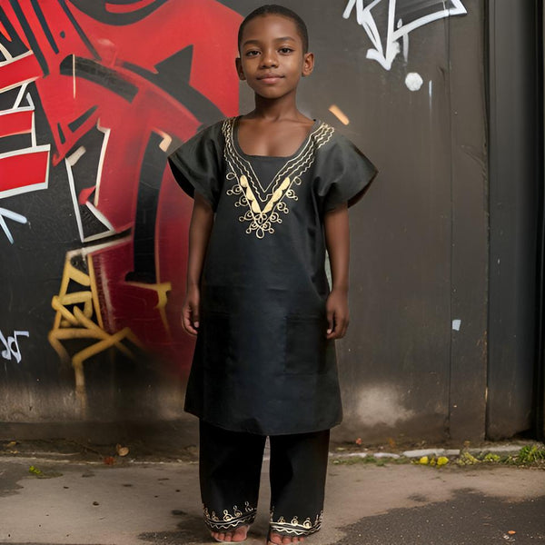 Boys Solid Black 2pc African Dashiki long Shorts Set (Large)