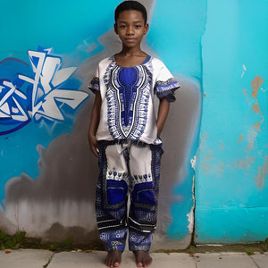 Boys White Blue African Dashiki Pant Set (XL)