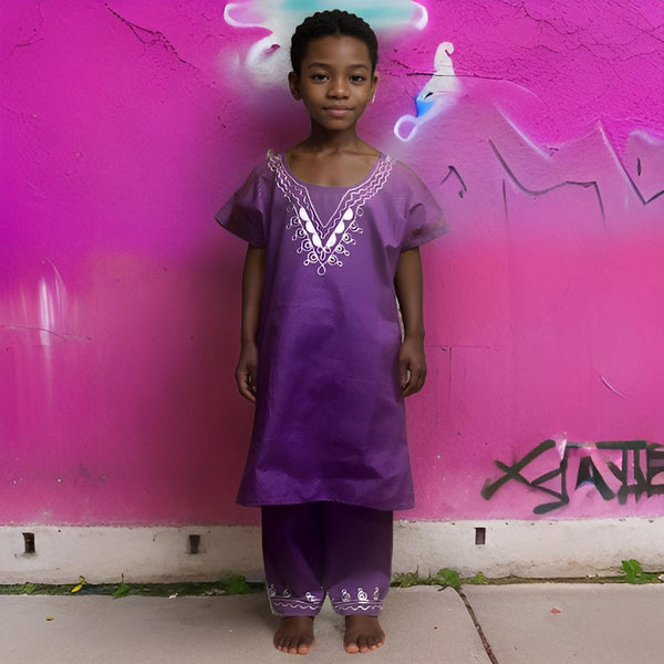 Boys Solid Purple Color 2pc African Dashiki Pant Set (XLarge)