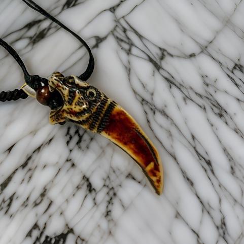 Men's Carving Brown Animal Tooth Pendant Necklace