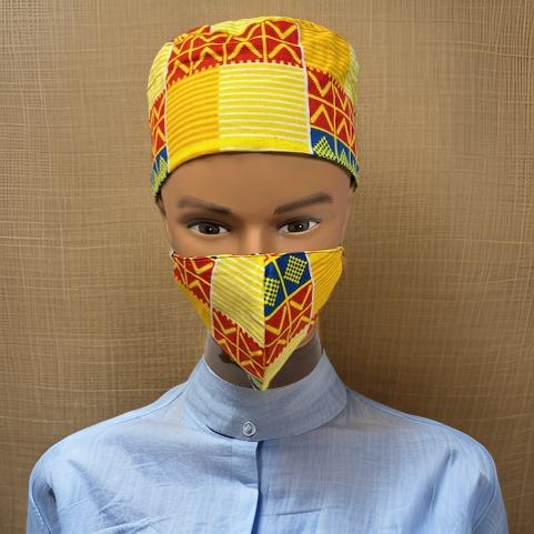 Yellow/Red Kente Print African Kufi Hat with Matching Mask