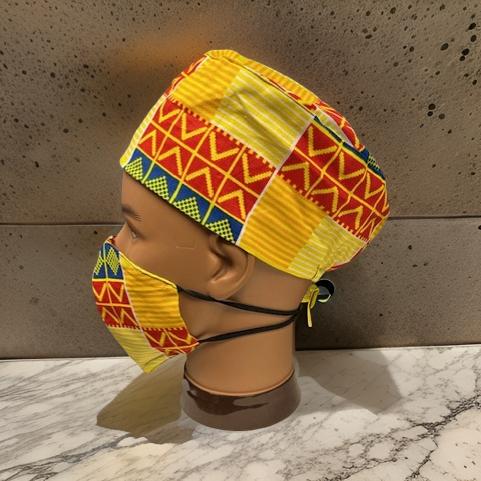 Yellow/Red Kente Print African Kufi Hat with Matching Mask