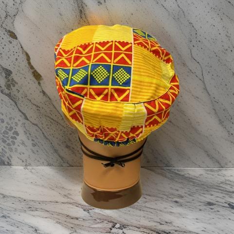 Yellow/Red Kente Print African Kufi Hat with Matching Mask