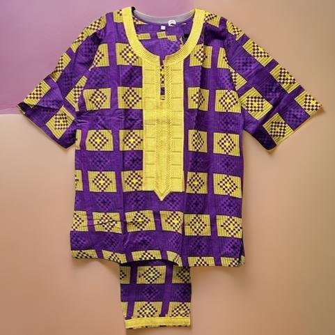 Men's African Purple/Gold Print Dashiki Pants Set