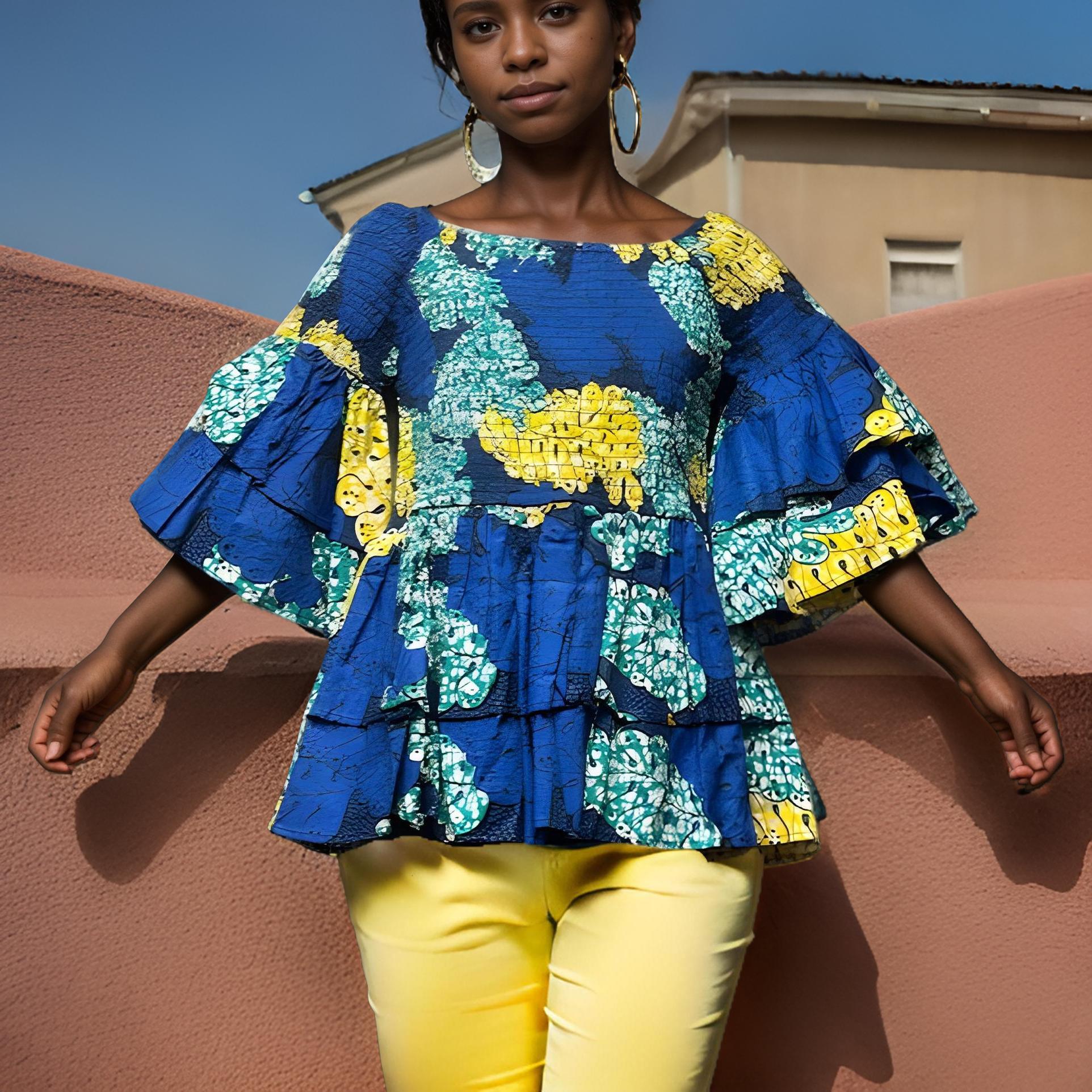 Ankara Double Layer Blue Floral Print Smoked Peplum Blouse