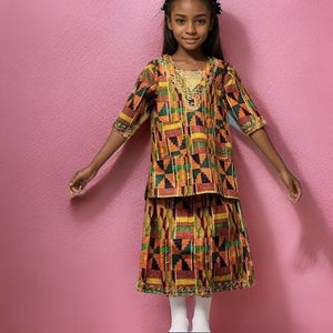 Girls 3pc African Print Orange Kente Style2 Top & Skirt Set (XL)