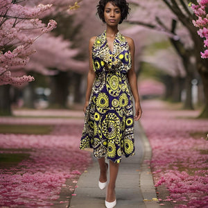 Authentic African Print Three Button Short Dress (Purple/Yellow)