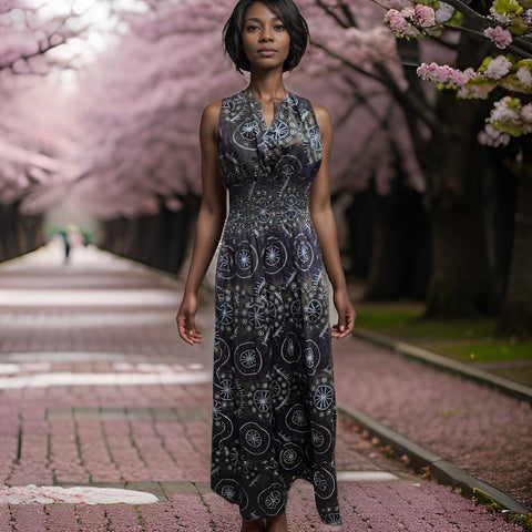 Authentic African Wax Print Three Button Long Dress (Black/White)