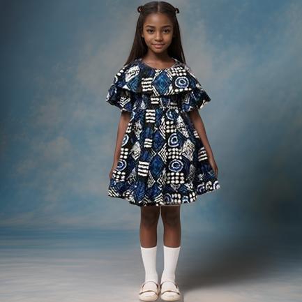 Girls Blue African Print Dress w/Headband