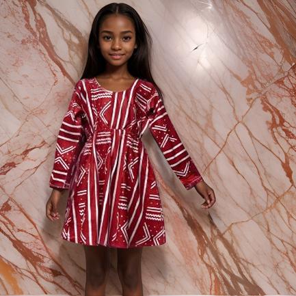 Girls Red White African Print Dress