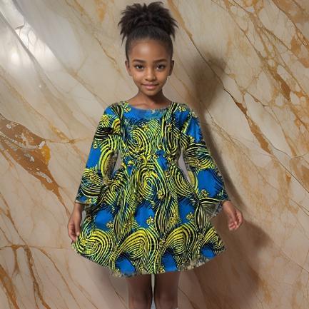 Girls Blue Yellow African Print Dress