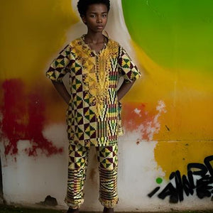 Kids 3pc African Dashiki Yellow/Purple/Green Print Pant Set