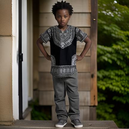 Kids Black/White African Print Dashiki Top (10T)