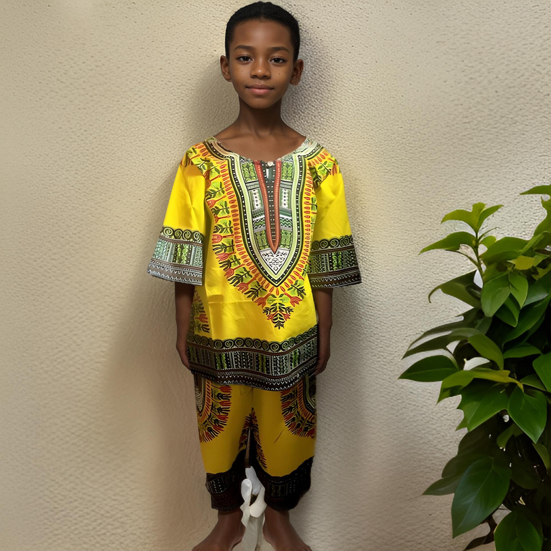 2 pcs Yellow/Green Dashiki Short Set (Unisex)