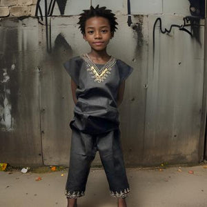 Boys Solid Black 2pc African Dashiki long Shorts Set (Large)