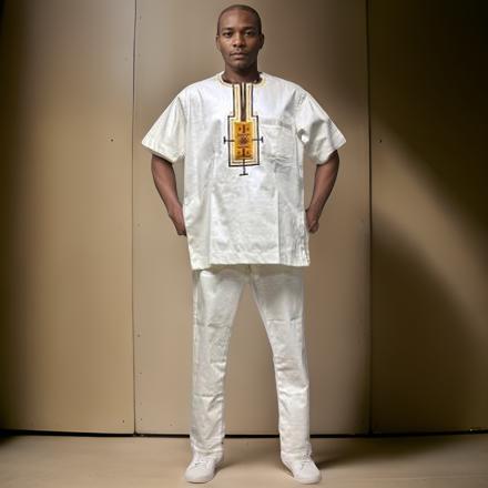 Men's High Quality African 2pc Dashiki Pants Set  (Off White Color)