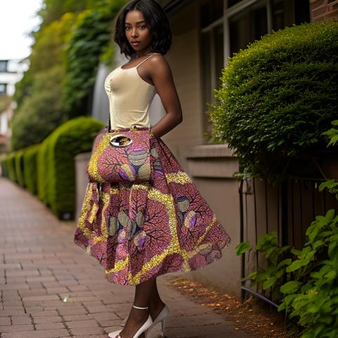 Multi-Tone African Print Skirt Set w/Handbag