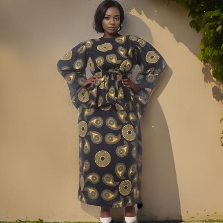 African Black/Gold Print Split Skirt Set (M)